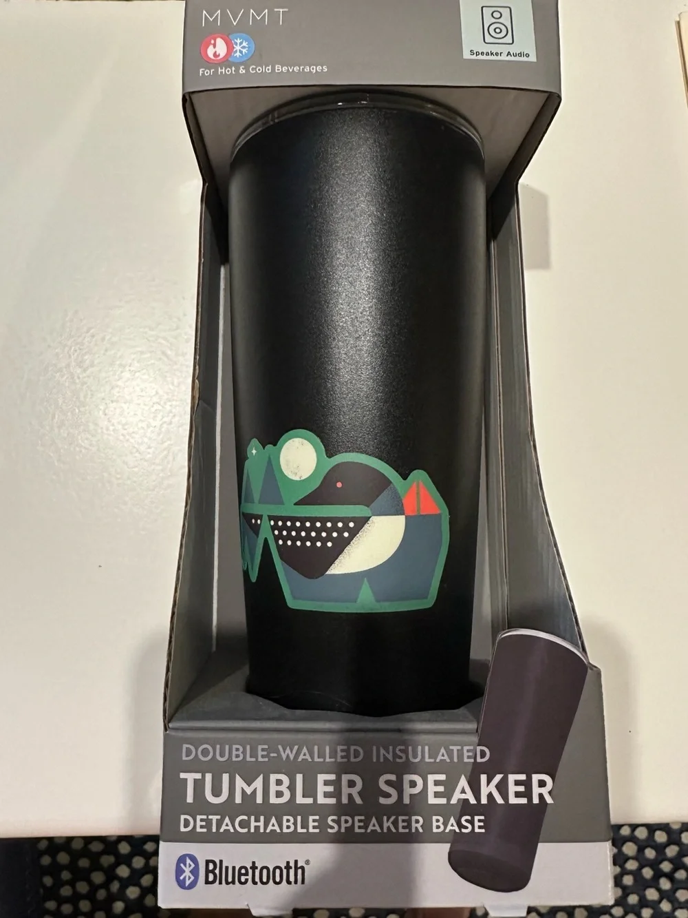 MVMT Black Tumbler Speaker with Multicolor Geometric Loon Graphic